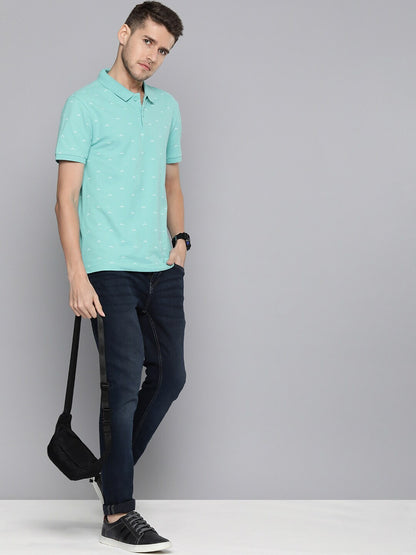 Levi's Men Solid Polo Neck Pure Cotton Aqua Blue With Geometry T-Shirt