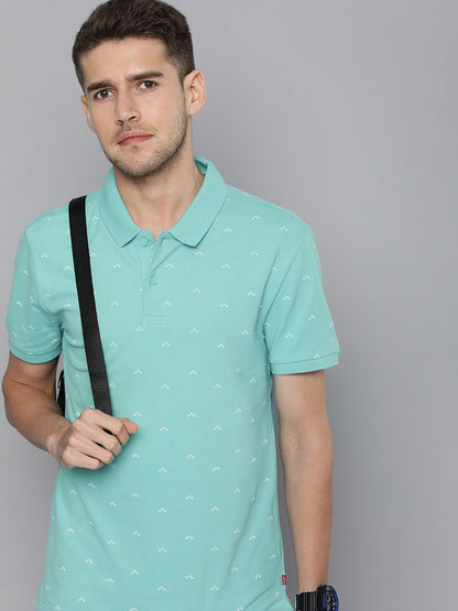 Levi's Men Solid Polo Neck Pure Cotton Aqua Blue With Geometry T-Shirt