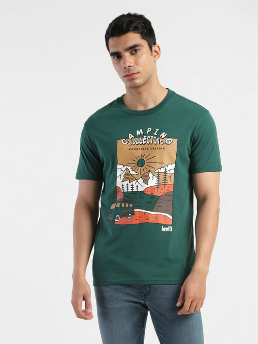 Levi's  Men Graphic Print Crew Neck Pure Cotton Green T-Shirt