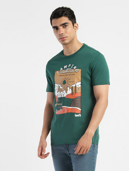 Levi's  Men Graphic Print Crew Neck Pure Cotton Green T-Shirt