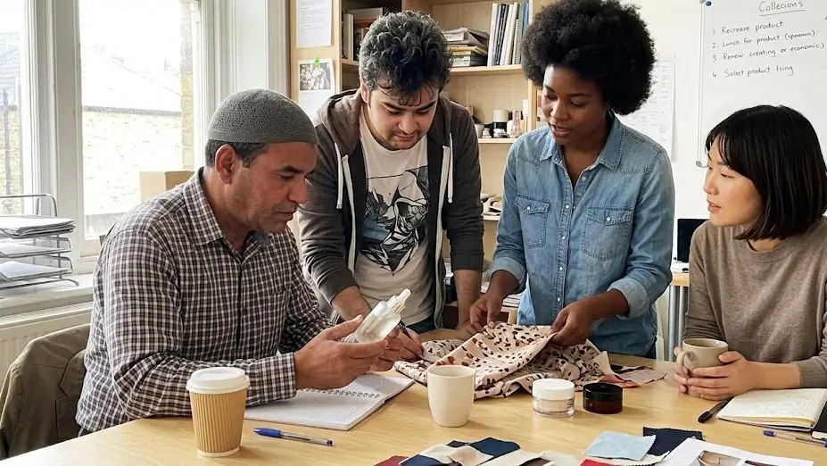 For about us page, a diverse team of four experts at Stylue closely examining a skincare serum bottle and fabric swatches on a wooden desk.