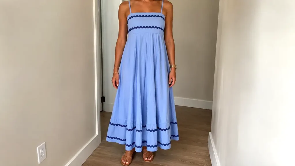 Full-length view of the Light Blue maxi dress worn in natural daylight