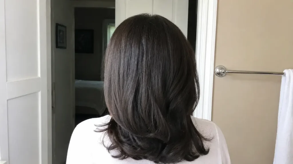 The back view of soft, shiny, and voluminous thick hair after a home blowout.
